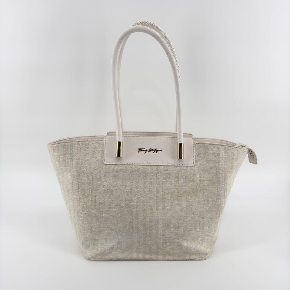 Tommy Hilfiger Tote Handbag - Canvas Large Bag with Leather Handles AW12310